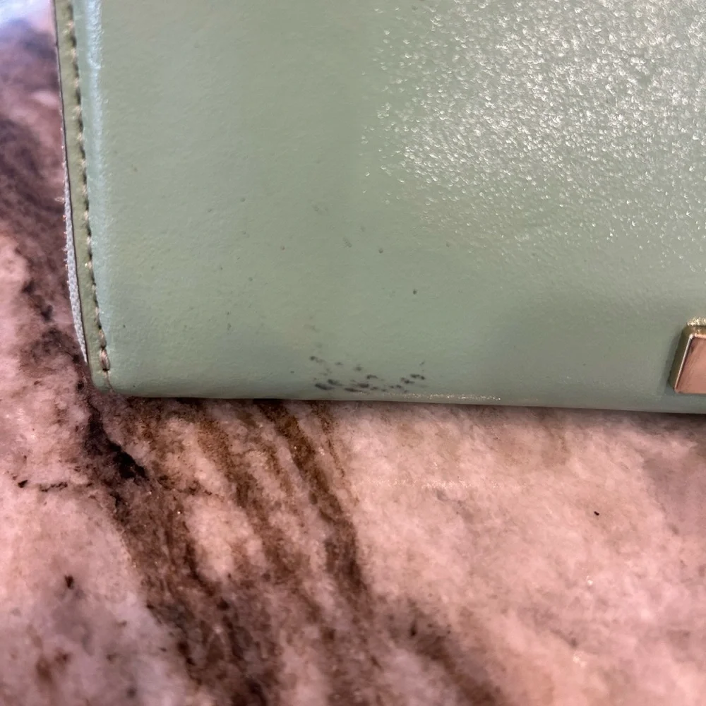 Kate Spade Chelsea park mint Wallet with Bow Accents has wear stains